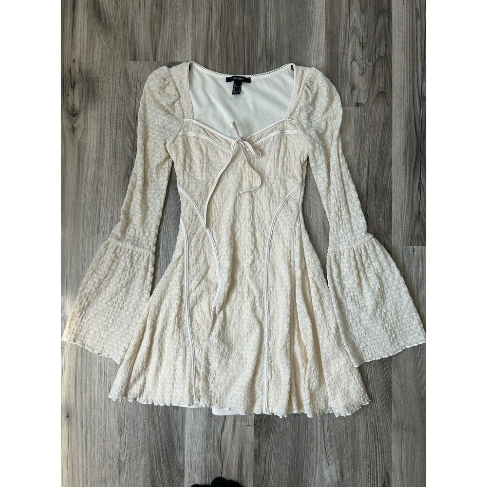 Forever 21 Ivory Mini Dress Bell Long Sleeve Tie Front Smocked S Cottagecore EUC